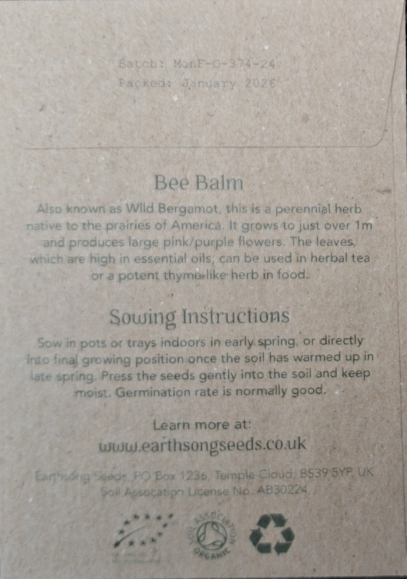 earthsong seeds bee balm seed packet back