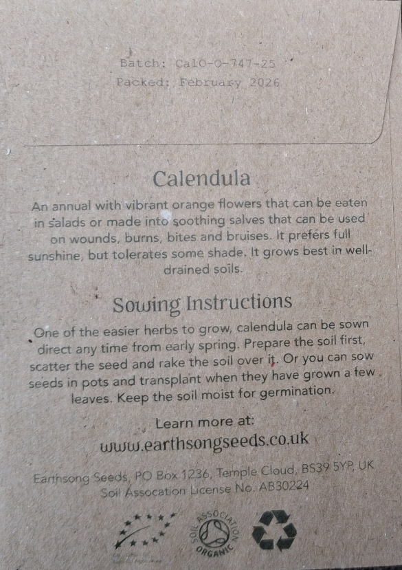 calendula seed packet back earthsong seeds