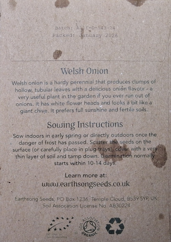 earthsong seeds welsh onion seed packet back